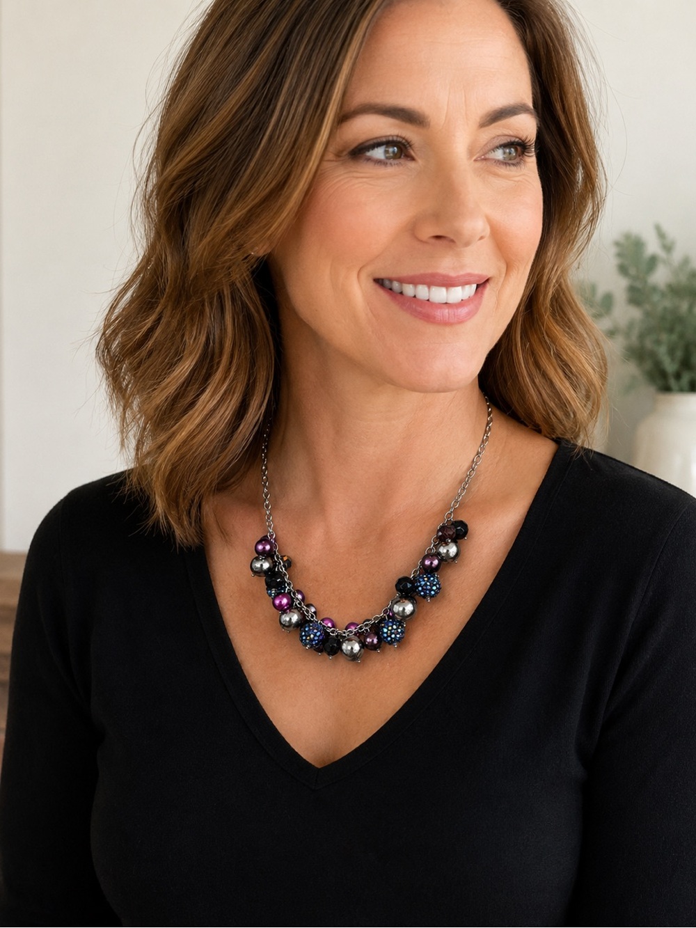 Beaded Necklace with Purples and Silver